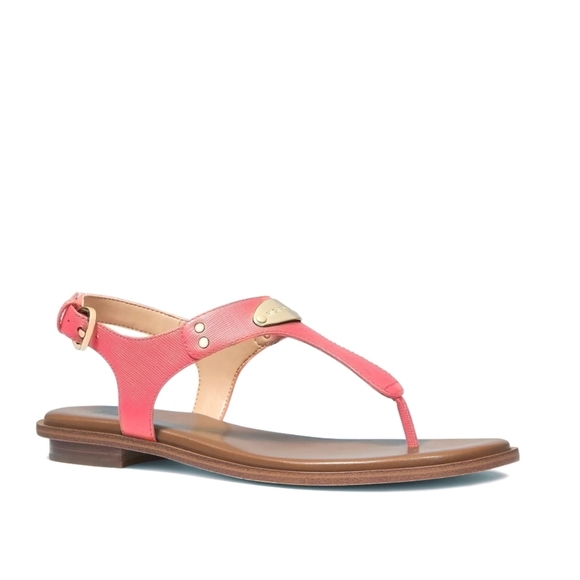 New! MICHAEL KORS Women's MK Logo Plate Thong Leather Sandals Shoes Color Dahlia - Picture 3 of 9